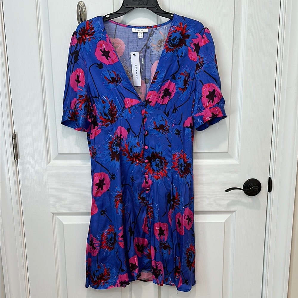 Topshop Button Down Blue Floral V Neck Mini Tea Dress (NWT)